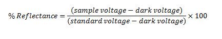  For each color, divide the display voltage number for the leaf (minus the dark voltage) by the display voltage number for the white paper (minus the dark voltage), then multiply by 100